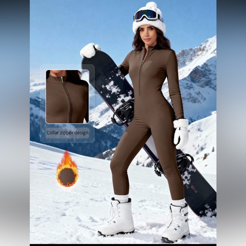 Brown Women's Thermal Zip-Front Jumpsuit